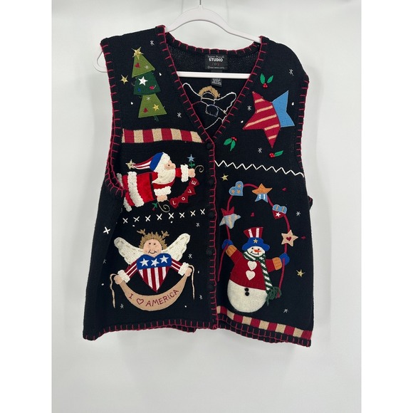 Designers Originals Studio Joy Sweaters - Womens Vintage Ugly Christmas Sweater Vest Size 2X Americana Whimsical 90s